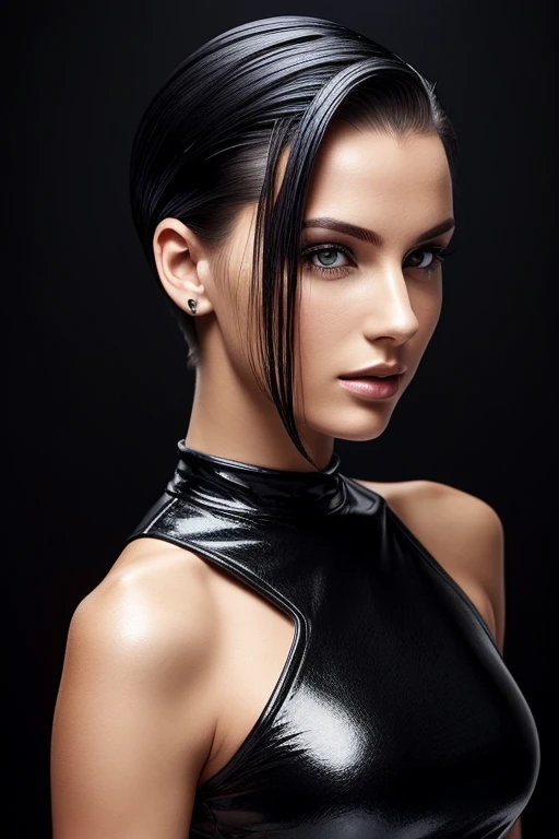 Gorgeous european woman with very short straight hair, short hair, wet hair, hair slicked back, combed straight back, slick hair, black to blonde gradient mixed hair, wearing a tight wet dress, solid dark black background
