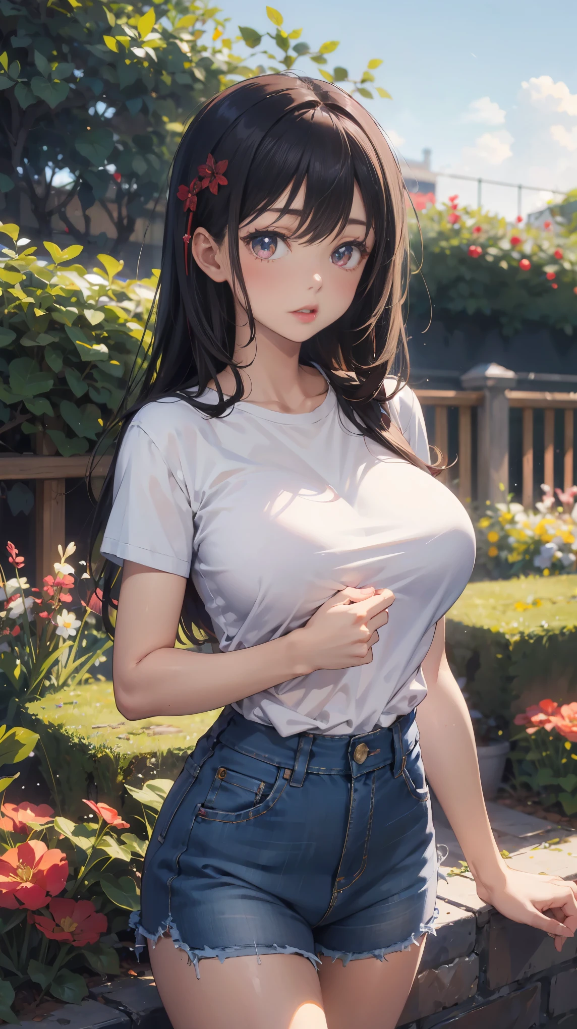 illustration：Ultra-delicate，In the Garden，Big breasts，25 years old，Burgundy T-shirt，Denim shorts，Black long hair，Cherry hairpins，Mature and stable，big sister