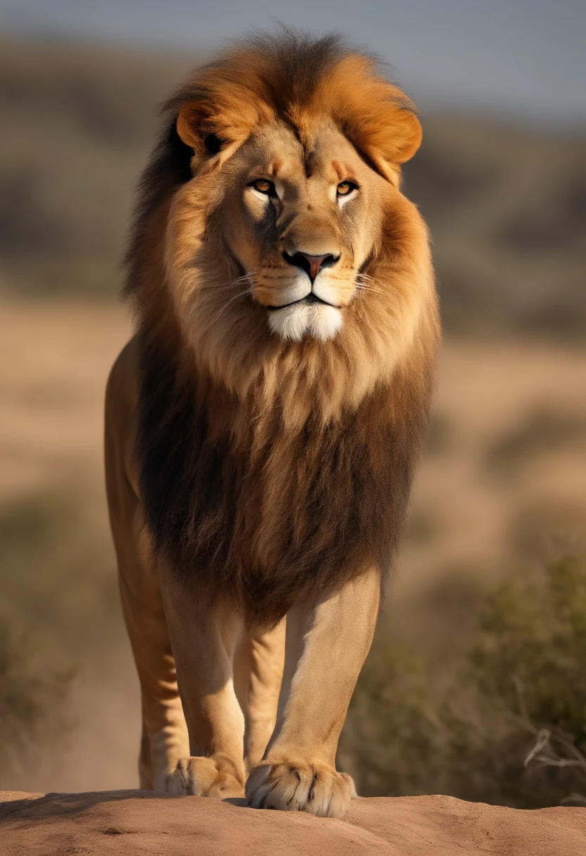 a majestic standing lion, detailed realistic fur, intense eyes, sharp teeth, powerful muscles, white studio background, (best quality,4k,8k,highres,masterpiece:1.2),ultra-detailed,(realistic,photorealistic,photo-realistic:1.37),HDR,UHD,studio lighting,ultra-fine painting,sharp focus,physically-based rendering,extreme detail description,professional,vivid colors,detailed portrait