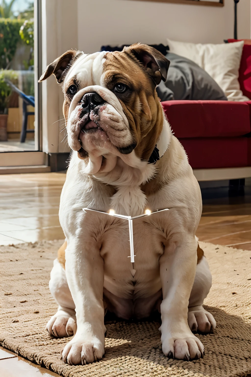 Bulldog ingles haciendo limpieza de casa