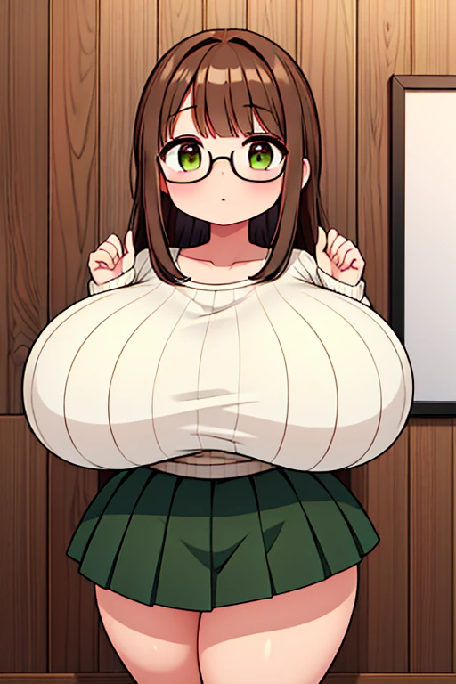 A Cute Young Girl, with (Lush, Medium Length Hair), ((Dark-Brown Hair)), (Big Beautiful Brown Eyes), Absolutely Enormous Breasts, Thick Thighs, and is Extremely Plump. Wearing an ((Off-white sweater)), a ((Cute Green Pleated Skirt)), and (Black Square Glasses, with a Thick Frames). Inside a Modern House, with wood paneling on the walls. Extremely Overinflated Breasts,