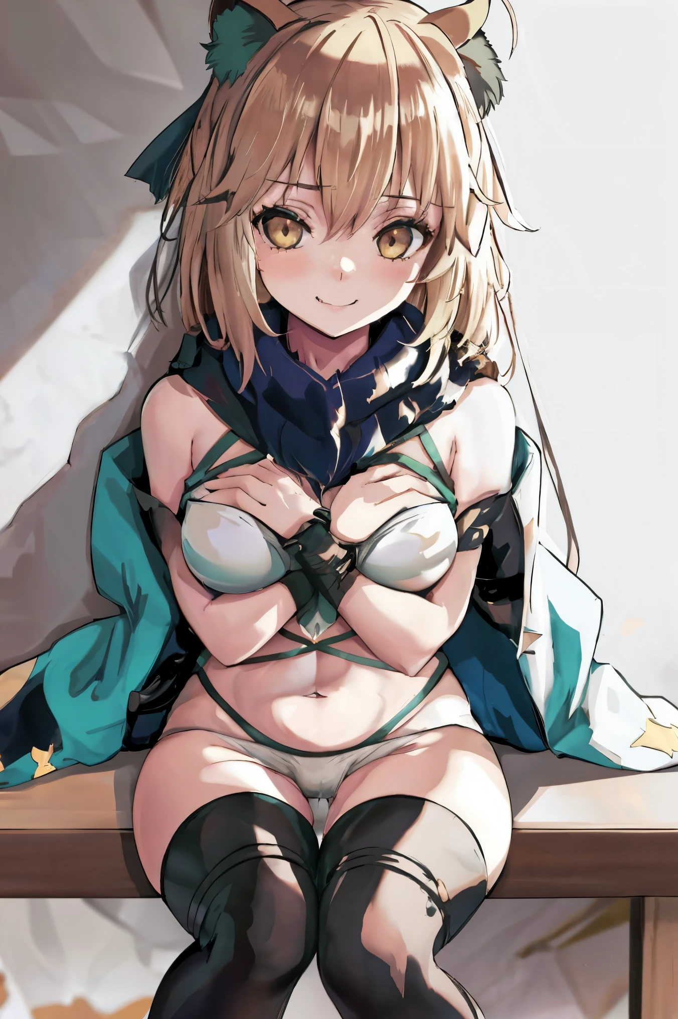 masterpiece, best quality,extremely detailed CG unity 8k wallpaper,
1girl,okita_souji_swimsuit \(fate\),
 smile,shy,squat,middle_breasts,navel,thighs,happy,gold_eyes,apart_thighs,apart_knees,rise_knee,covered_pussy,dangerousbeast,(dangerousbeast:1.5),perfect_hands,single_up_hair,thigh-highs,wolf_ears,selfie,squat