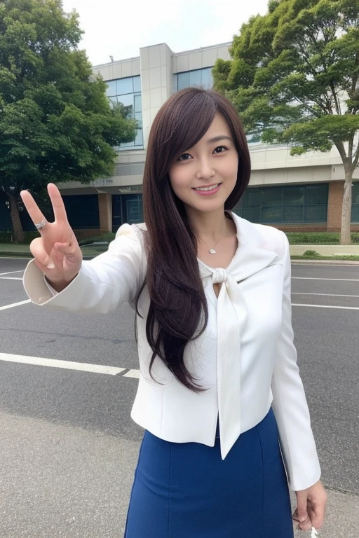 woman、Japanese、35歳のwoman教師、Cowboy Shot、slim、Beauty、Well-groomed face、Short unkempt hair、White silk bow tie、White silk blouse。break。Blue jacket and knee-length pencil skirt、Blue shiny pumps、Shoulder bag on shoulder、Walk towards the viewer、Watching the audience。In the background is the school gate.、smile、One hand outstretched。