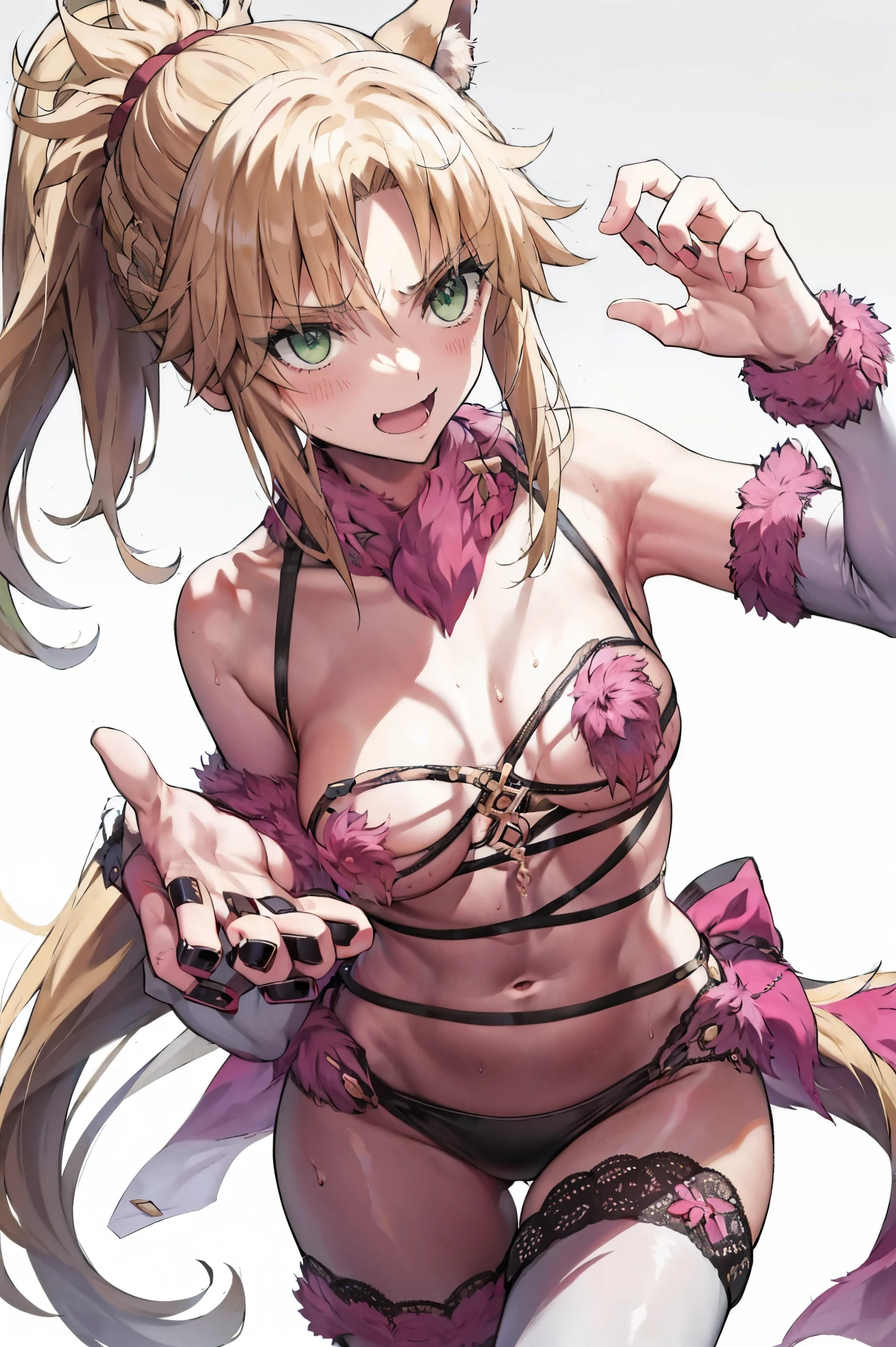 Masterpiece, Best Quality, illustration, city, 1girl, Mordred \(fate\), collarbone, Detailed blond hair ponytail braid, green eyes,,navel,thigh-high, covered_pussy,flat_chest,long_sworddangerousbeast,elbow_gloves,
,wolf_tail,wolf_ears,fang,happy,nihil,smile,spread_legs,claw_pose,armpits,open_mouth,angry,squat,bikini_bottoms,rise_hands,Highquality_hads,perfect_fingers,oil