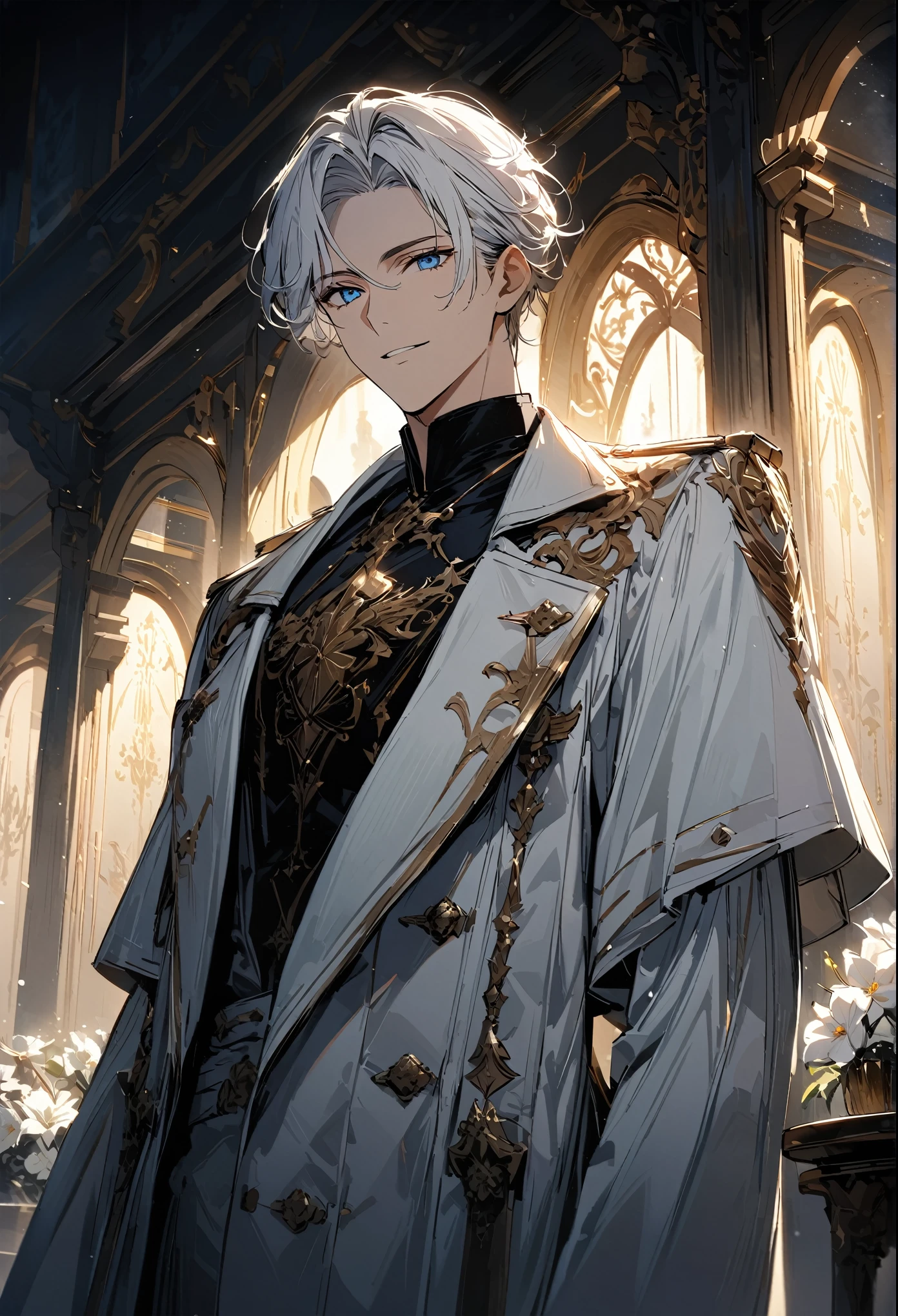 (masterpiece, best quality), Very detailed, best quality, official art, Beautiful and beautiful: 1.2),beautifully,(1 handsome man),copyright,alone,white short hair, (blue eyes), (A gentle yet distant smile),perfect face,white trench coat,Black shirt,Complex clothing designs,High,8K,Beautiful contrast of light and shadow,positive face,pretty face,moiré background,noble,dark ornate background,((white flower)),Gorgeous background,snow,Luxury Suite,Night view