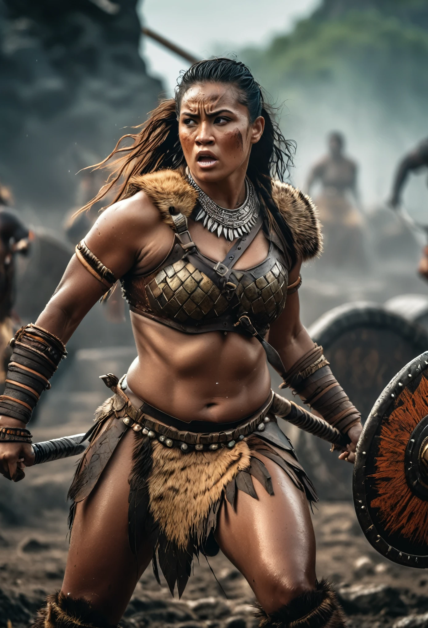 Foto RAW, Thick figure, Heavy physique, ((best quality)), ((masterpiece)), (detailed), perfect face, Envision a savage female barbarian warrior, her battle cries echoing through the battlefield as she unleashes her fury upon her foes. Her armor should be adorned with tribal markings and symbols, representing her connection to her ancestral heritage, (pele altamente detalhada: 1.2), 8k UHD, DSLR, soft-lighting, alta qualidade, grain of film, Fujifilm XT3