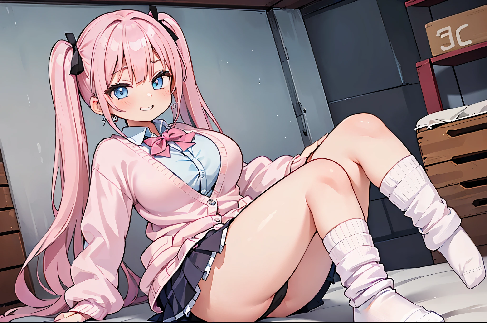 (masterpiece、highest quality、Super detailed)、((One girl))、((Pink Hair))、((Twin tails))、((Light blue eyes))、evil smile、((Grin))、steam、Earrings、((Very large ))、((White shirt))、((pink cardigan))、((Black pleated skirt))、((white buggysocks))、sitting、knees up、open legs、Shoot from below、Gym storeroom