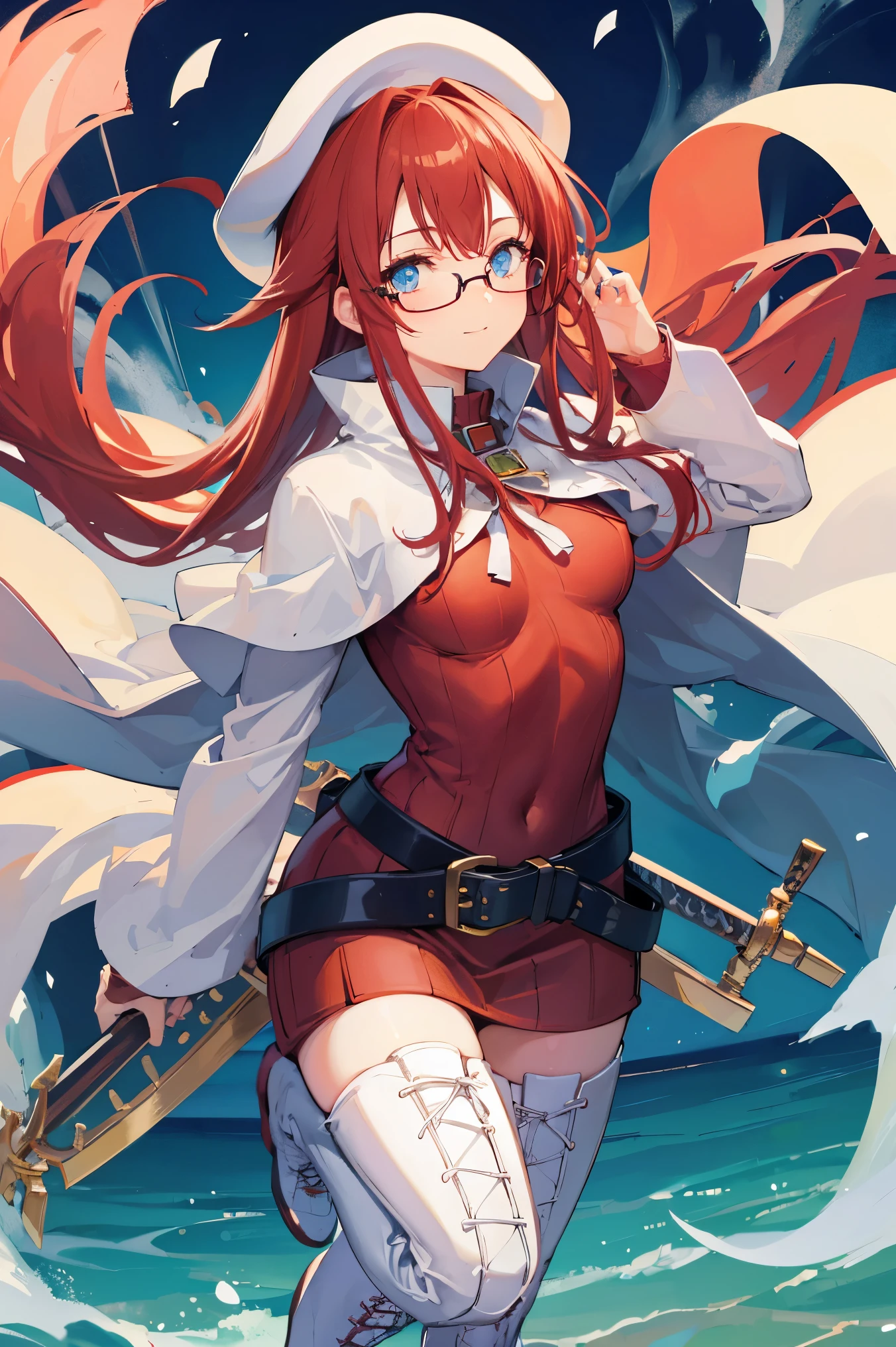 summonnightaty, aty, (young:1.3),long hair, blue eyes, red hair, big_berets, hat, glasses,
BREAK long hair, thighhighs, hat, dress, boots, glasses, belt, cape, sweater, zettai ryouiki, beret, thigh boots, white footwear, ribbed sweater, loose belt,solo,
BREAK outdoors, fantasy,on_beach,
,Highquality_hads,perfect_fingers,
BREAK (masterpiece:1.2), best quality, high resolution, unity 8k wallpaper, (illustration:0.8), (beautiful detailed eyes:1.6), extremely detailed face, perfect lighting, extremely detailed CG, (perfect hands, perfect anatomy),covered_nipples,covered_navel ,half_eyes,long_sword,sleepy,standing,red_sweater,apart_knees,magical_effect,spread_legs, have_a_book,teacher,rise_knee,Smile,rise_hand,look_down_viewer,spread_arms,sea_waves