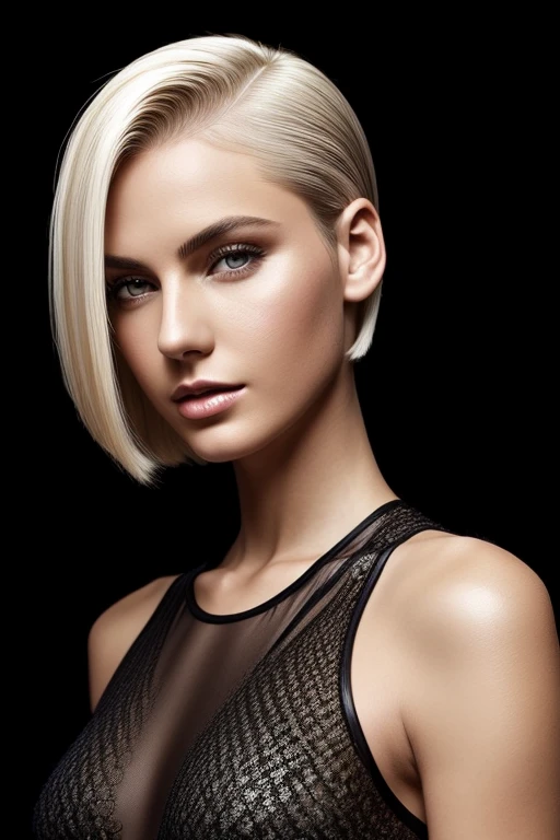 Gorgeous european woman with very short straight hair, short hair, wet hair, hair slicked back, combed straight back, slick hair, black to blonde gradient mixed hair, wearing a transparent net dress, solid dark black background
