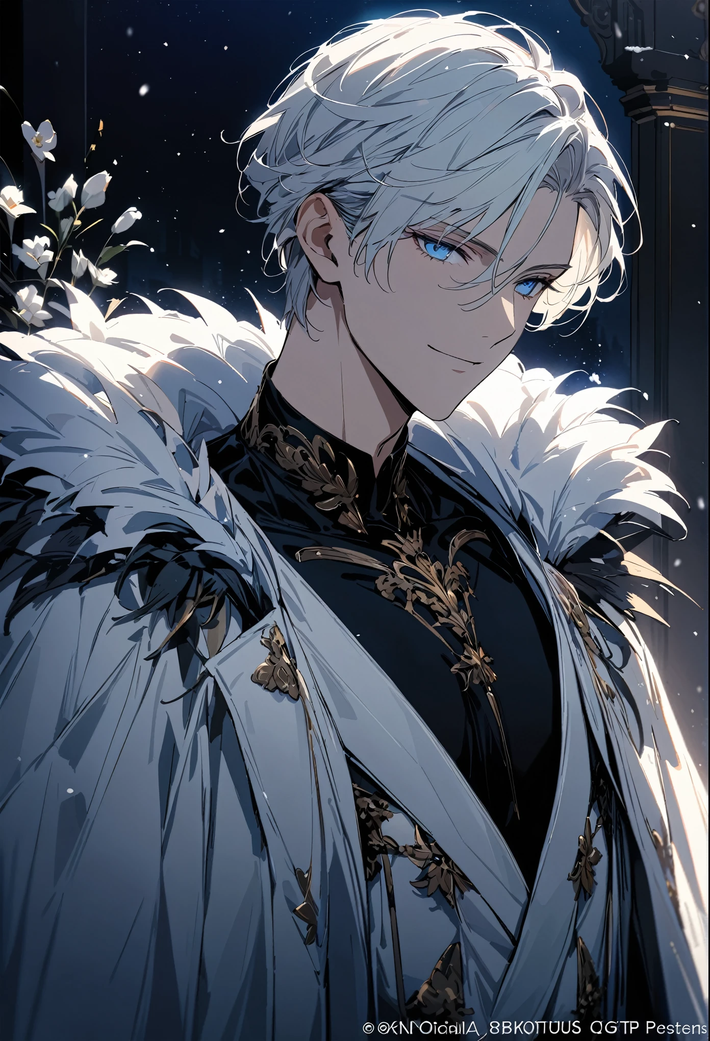 (masterpiece, best quality), Very detailed, best quality, official art, Beautiful and beautiful: 1.2),beautifully，(1 handsome man)，copyright，alone，white short hair， (blue eyes), (A gentle yet distant smile)，perfect face，white trench coat，Black shirt，Complex clothing designs，High，8K，Beautiful contrast of light and shadow，positive face，pretty face，moiré background，noble，dark ornate background，((white flower))，Gorgeous background，snow，Luxury Suite，Night view