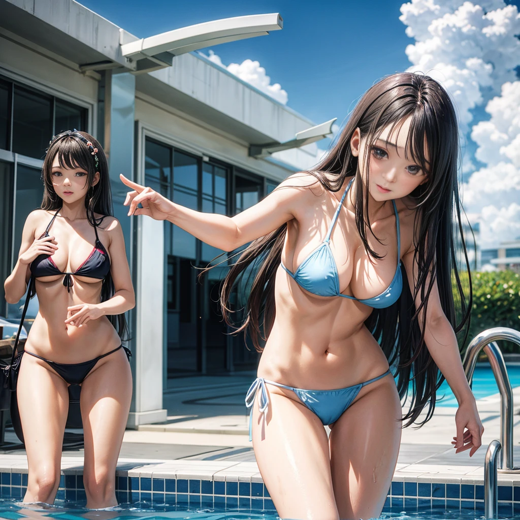 Standing by the hotel pool、Beautiful girl with long hair wearing a risqué bikini