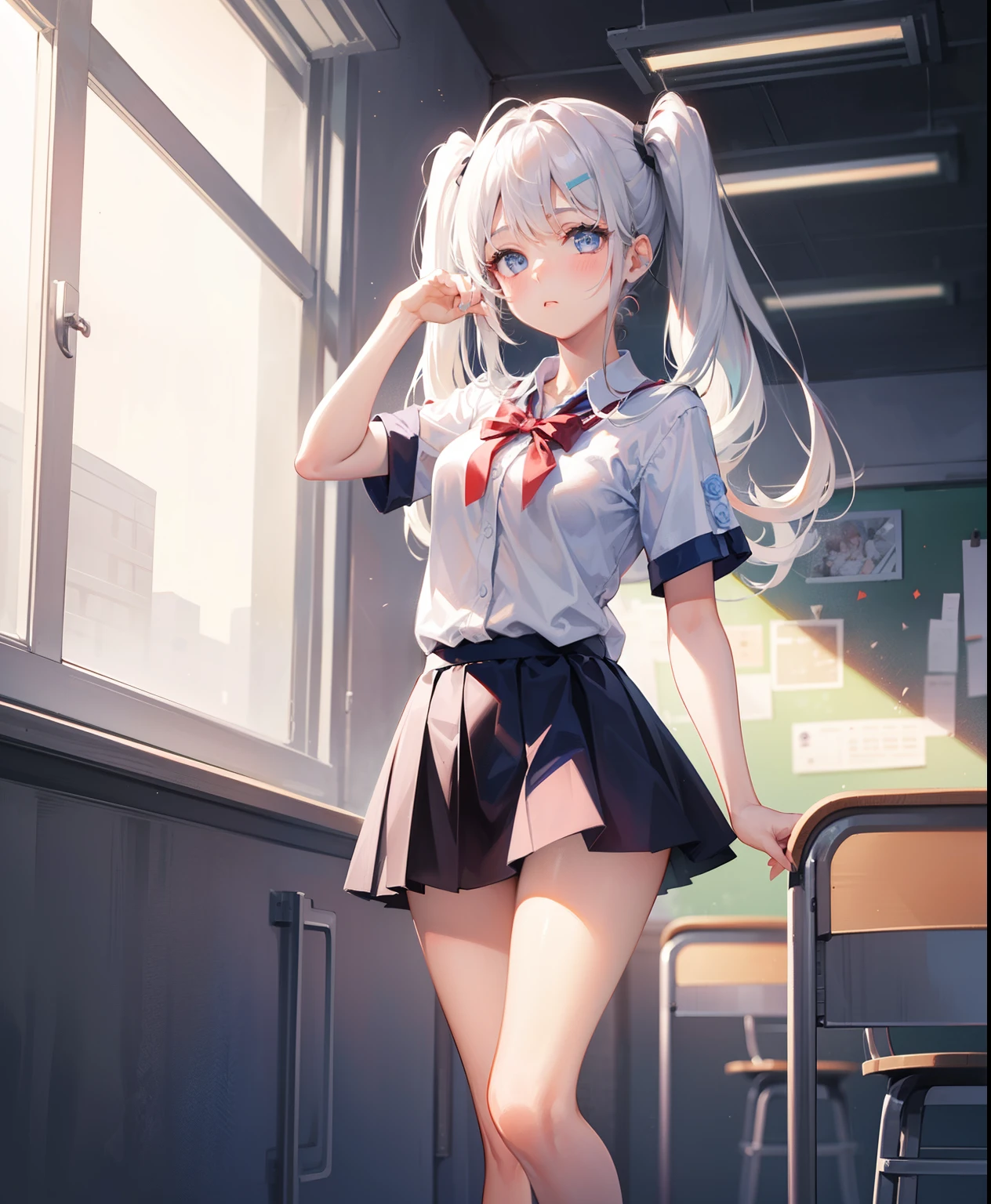one girl, Arrange pose,Top quality work, twin tails hair, Show Legs,(long white hair),(blue eyes), Rose cheeks, Pretty Face, A perfectly proportioned face, school classroom, round small breasts, Attractive, Look at the camera, cute pose