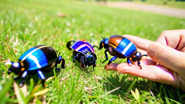 Children playing with beautiful beetles in the grassland、Children playing with beautiful beetles in the grassland、Colorful Mushiking