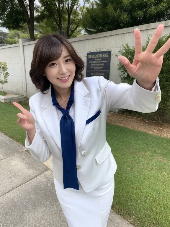 woman、Japanese、35歳のwoman教師、Cowboy Shot、slim、Beauty、Well-groomed face、Short unkempt hair、White silk bow tie、White silk blouse。break。Blue jacket and knee-length pencil skirt、Blue shiny pumps、Shoulder bag on shoulder、Walk towards the viewer、Watching the audience。In the background is the school gate.、smile、One hand outstretched。Anatomically correct body、