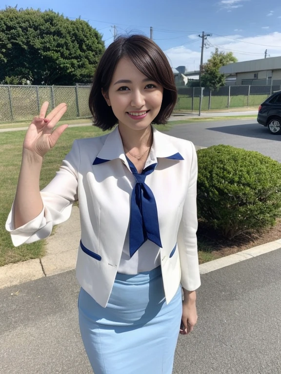 woman、Japanese、35歳のwoman教師、Cowboy Shot、slim、Beauty、Well-groomed face、Short unkempt hair、White silk bow tie、White silk blouse。break。Blue jacket and knee-length pencil skirt、Blue shiny pumps、Shoulder bag on shoulder、Walk towards the viewer、Watching the audience。In the background is the school gate.、smile、One hand outstretched。Anatomically correct body、