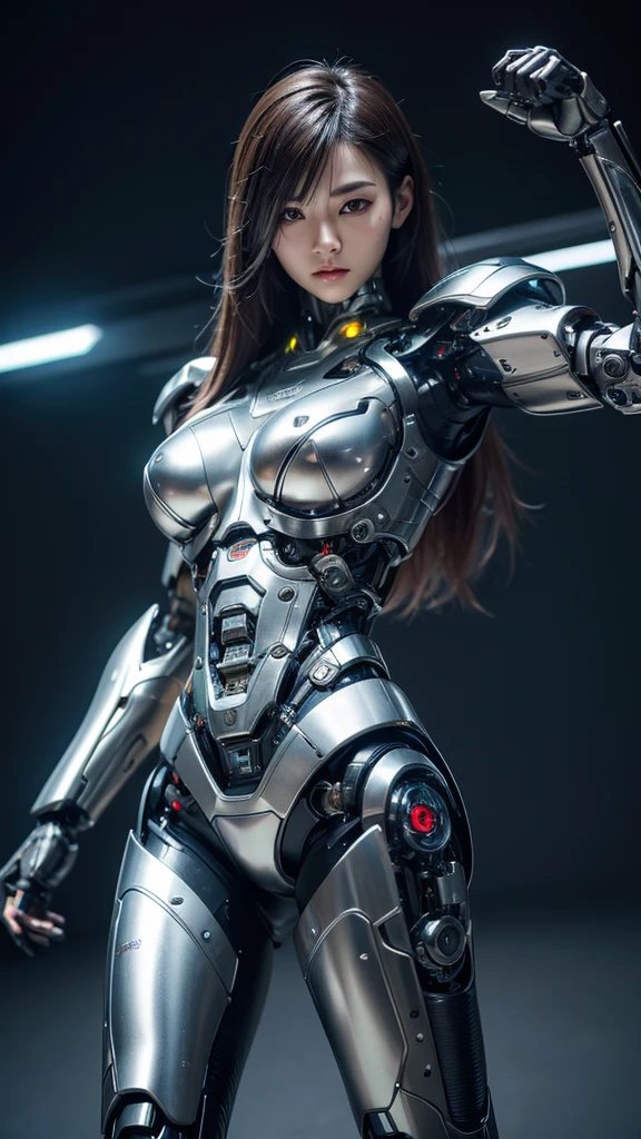 Textured skin, Super Detail, Attention to detail, high quality, 最high quality, High resolution, 1080p, hard disk, beautiful,(cyborg),beautiful cyborg woman,Mecha Cyborg Girl,Battle Mode,Girl with a mechanical body.A powerful cyborg woman, sleek and futuristic, with advanced mechanical augmentations that enhance her strength and capabilities.