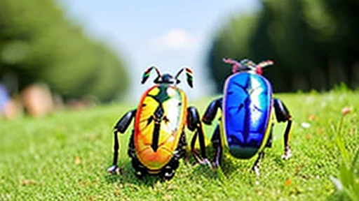 Children playing with beautiful beetles in the grassland、Children playing with beautiful beetles in the grassland、Colorful Mushiking