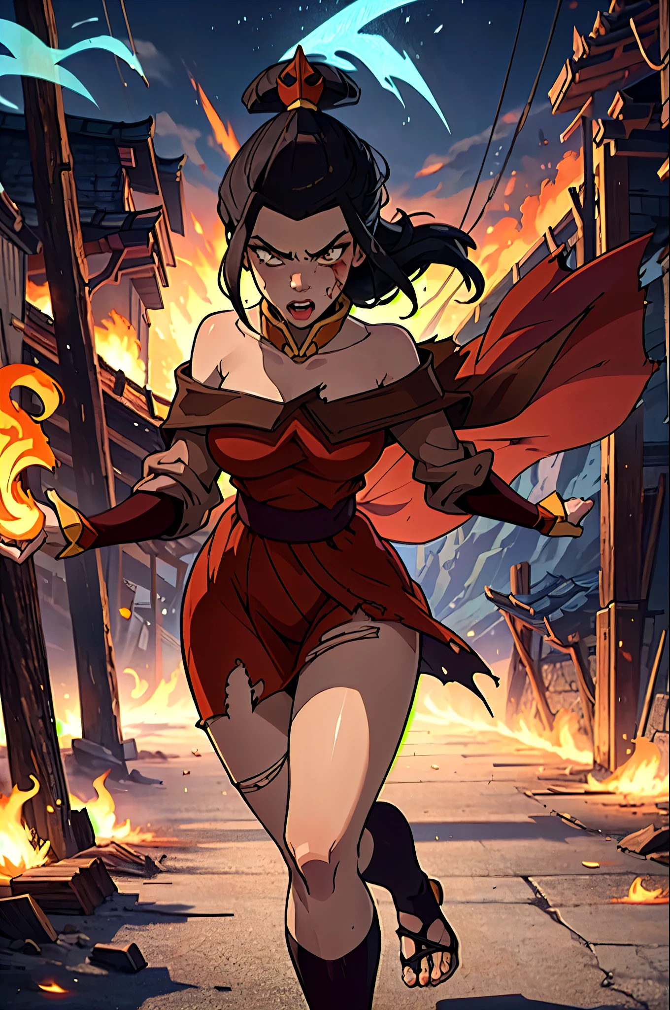 fighting, azula, loose hair, [black hair, topnot], brown eyes, [short hair], flowing hair, action shot, wind in hair, (afraid look), [surprised look], skintight clothes, [japanese clothes], large breasts, pronounced female figure, areola slip, exposed skin, (torn clothes:1.2), [scar, blood, defeated, wounded], in feudal japanese background, blue fire power aura, blue flames, dynamic pose, dynamic view, perfect hands, [blue fire] 