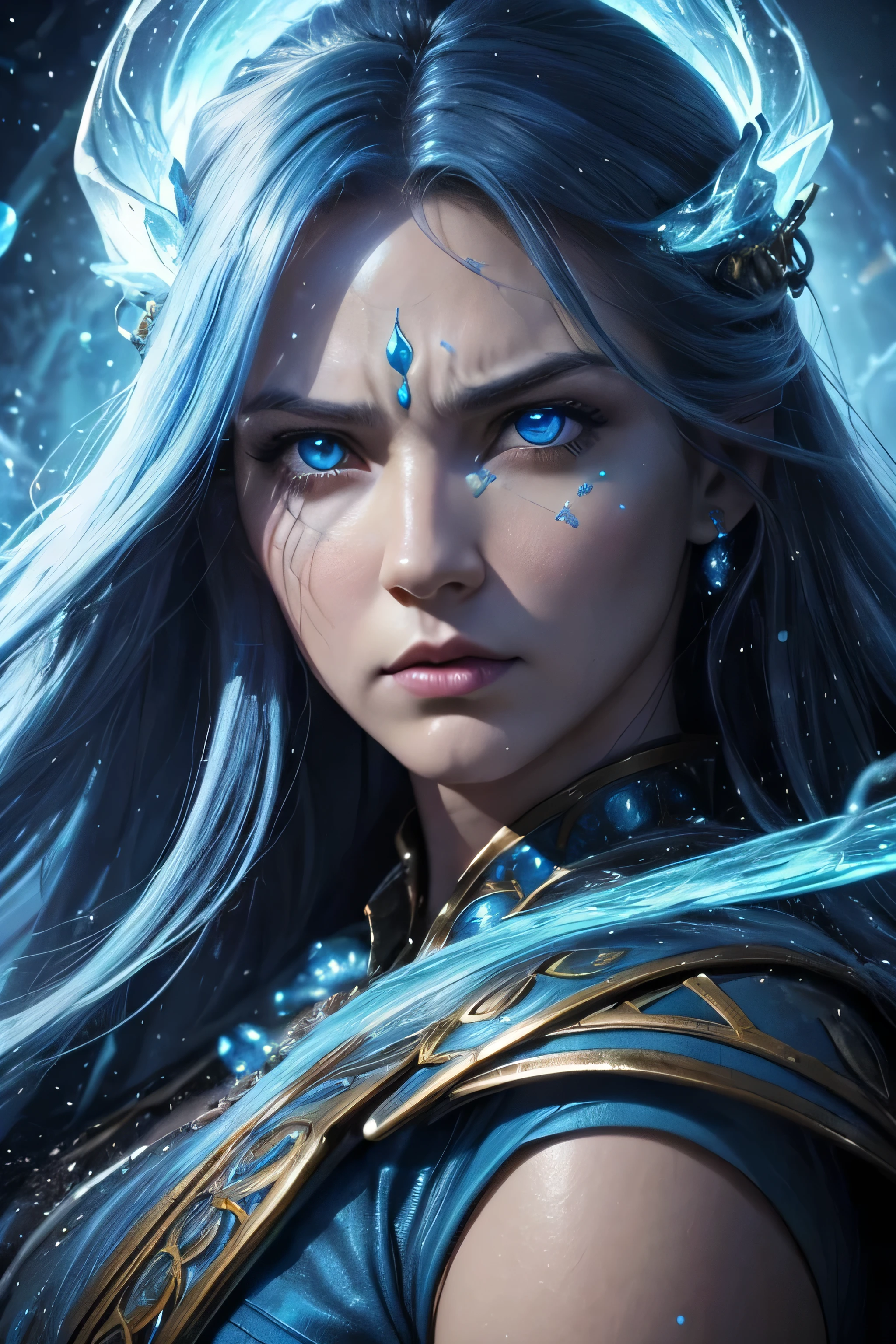 ((High quality)), face detailed, realistic character, ((fantasy character)), goddess water, mature beautiful woman, american racial traces, magic blue particles, light blue long hair, angry expression, blue magical eyes, imposing pose, all body.
