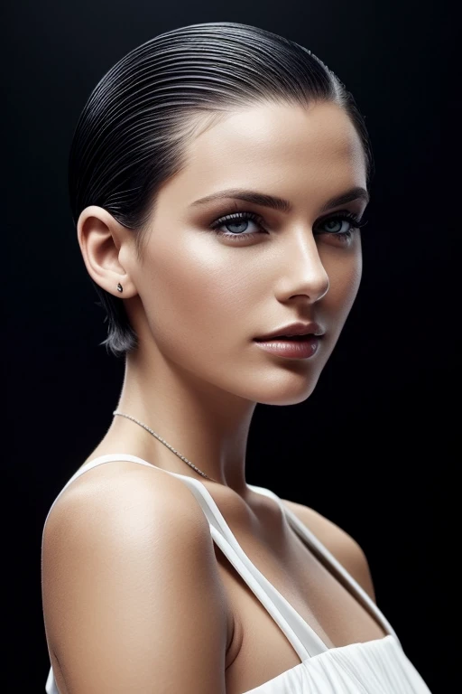 Gorgeous european woman with very short straight hair, short hair, wet hair, hair slicked back, combed straight back, slick hair, black hair, wearing a white dress, solid dark black background