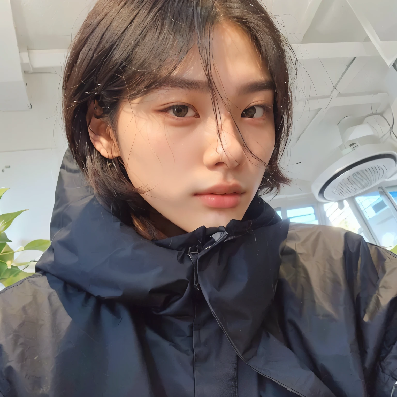 arafed woman with long hair wearing a black jacket and a green plant, male ulzzang, jung jaehyun, with short hair, wan adorable korean face, inspired by jeonseok lee, jinyoung shin, 1 7 - year - old boy thin face, south korean male, handsome japanese demon boy, kim doyoung, ulzzang, hyung tae