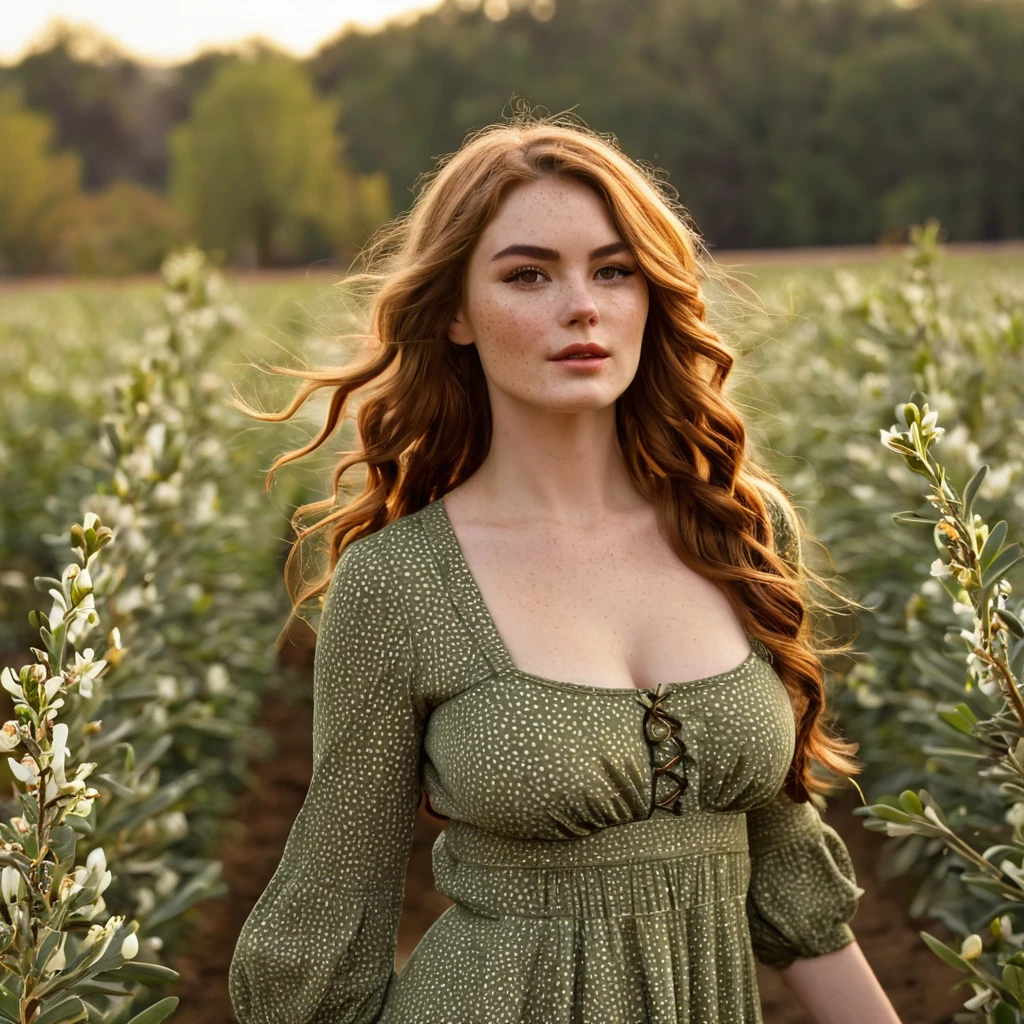 Luma is a elegant person, she is beautiful And have a strong posture, she has breasts that have a voluminous proportion, a pear feminine silhouette, Auburn hair, long Auburn hair, She has expressive eyes, ( Only eyes olive green) Her skin is fair and she has some light freckles on her cheek bones, busty, Farm, Brown rustic clothes, boho clothes, farm boho fashion clothes, romantic vibes, fire lights, fire sparkles, flowers clothes the hair to be half straight and half with curled ends cartoon