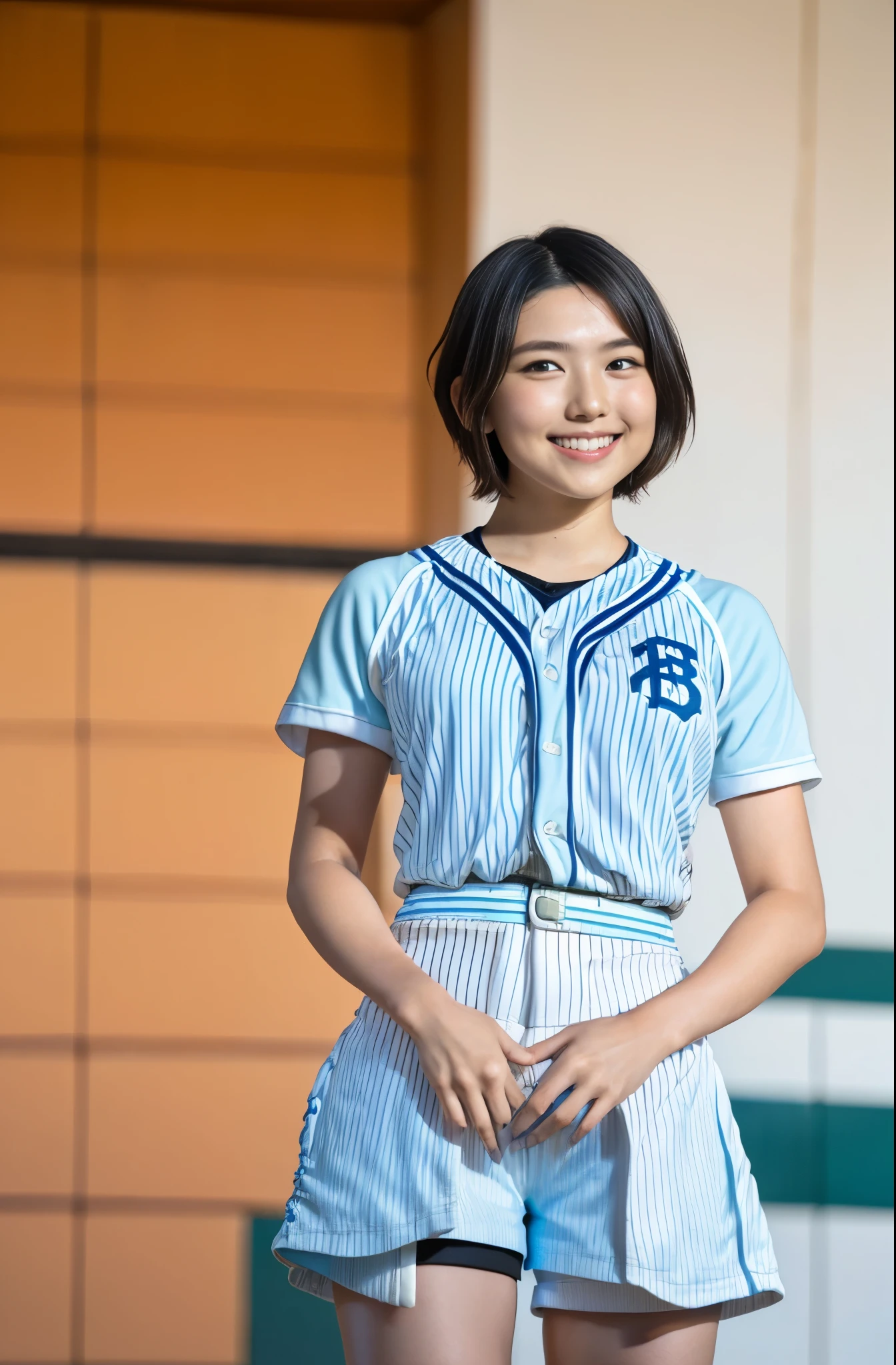 (8k、Raw photography、highest quality、masterpiece:1.2),(Black-haired、Very short hair:1.8),(ponytail:1.3)、View your viewers,Viewed from the front,White skin,(high school girl、Light blue baseball uniforms:1.7)、(Tight waist:1.6)、(Clothes that accentuate the shape of the breasts:1.0)、(Big Breasts :1.3)、Slim figure、Ultra-high resolution,beautiful,beautiful fece,(one person、No background:1.9),whole bodyボディー,Japanese women,(reality的:1.37)、Photon Mapping,reality、(Baby-faced and cute: 1.4)、(Cute Smile: 1.8)、(Round face: 1.8)、Radio City、Physically Based Rendering、Depth of field rally background、photograph, (I can see your knees、Very short white shorts、Thigh close-up:1.8),(:1.4),whole body、Great quality