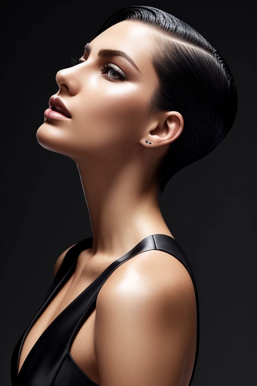 Gorgeous european woman with very short straight hair, short hair, wet hair, hair slicked back, combed straight back, slick hair, black gradient hair, wearing a white dress, solid dark black background