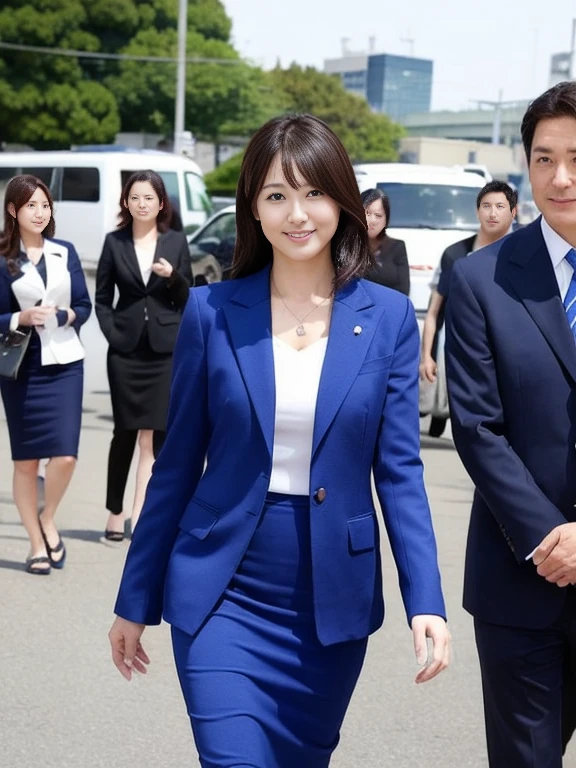 woman、Japanese、35歳のwoman教師、Cowboy Shot、slim、Beauty、Well-groomed face、Blue business suit with knee-length pencil skirt、Walk towards the viewer、Watching the audience。In the background is the school gate.、smile、Anatomically correct body、