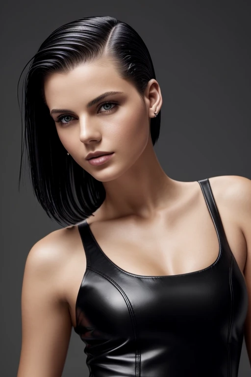 Gorgeous european woman with very short straight hair, short hair, wet hair, hair slicked back, combed straight back, slick hair, black hair, wearing a white dress, solid dark black background