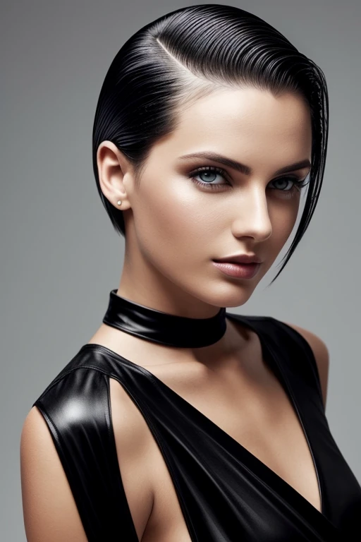 Gorgeous european woman with very short straight hair, short hair, wet hair, hair slicked back, combed straight back, slick hair, black hair, wearing a white dress, solid dark black background