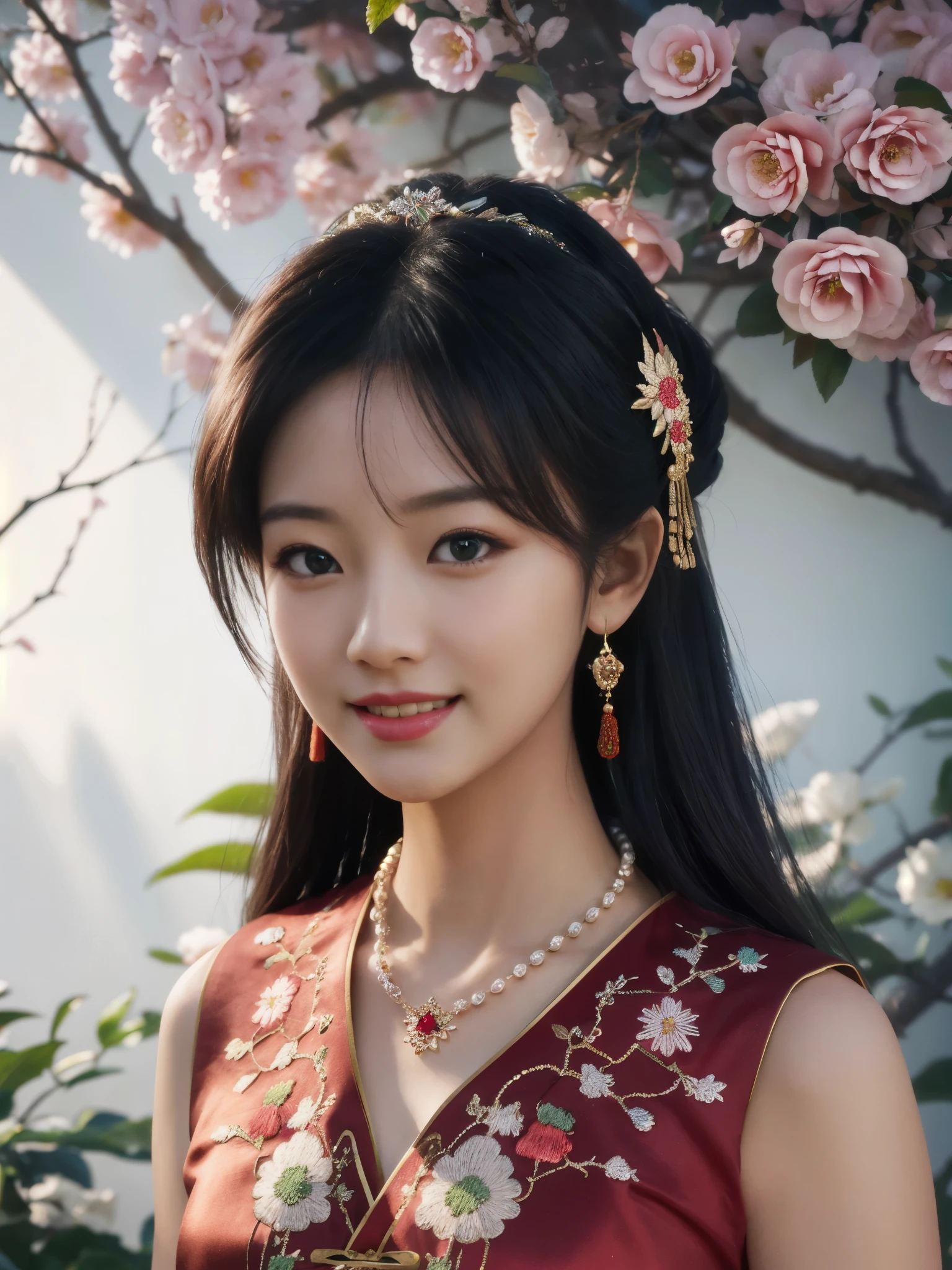 Superb Style, Masterpiece, High Resolution, 1Girl, Blush, Smile, Star Eyes, Red Gorgeous Chinese Dress, (Exquisite Embroidery: 1.2), Hair Accessories, Necklaces, Jewelry, Beauty, on_body, Tyndall Effect, Realistic, Shadow Room, Light Edge, Two-tone Lighting, Sexy, Premium Color Matching, (High Detail Skin: 1.2), 8K UHD, SLR, Soft Light, High Quality, Volume Lighting, Candid Photo, High Resolution, 4K, 8K, Background Blur, Green, Flower Branches