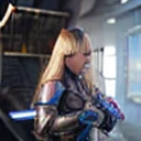 (Photorealistic:1.4) 1 beautiful girl, (cyberpunk silver armour technological with blue neon decourations), ((blonde straight hairs)), ultra beautiful cute, perfect, with a book that emits purple lightnings, 12k, UHD, PHOTOREALISTIC, ULTRA REALISTIC, raw photo, insane details, masterpiece, ((babe gorgeous  the most beautiful in the world))