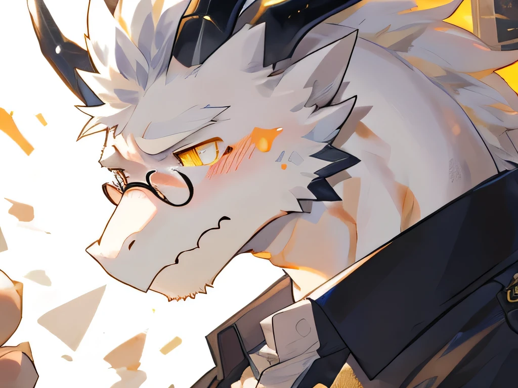 masterpiece,high quality,perfect anatomy,furry,anthro dragon,white scales,black corners,male, niji5,yellow pupils,bright eyes,exhausted,wear glasses,detailed face,by kiyosan,close up face