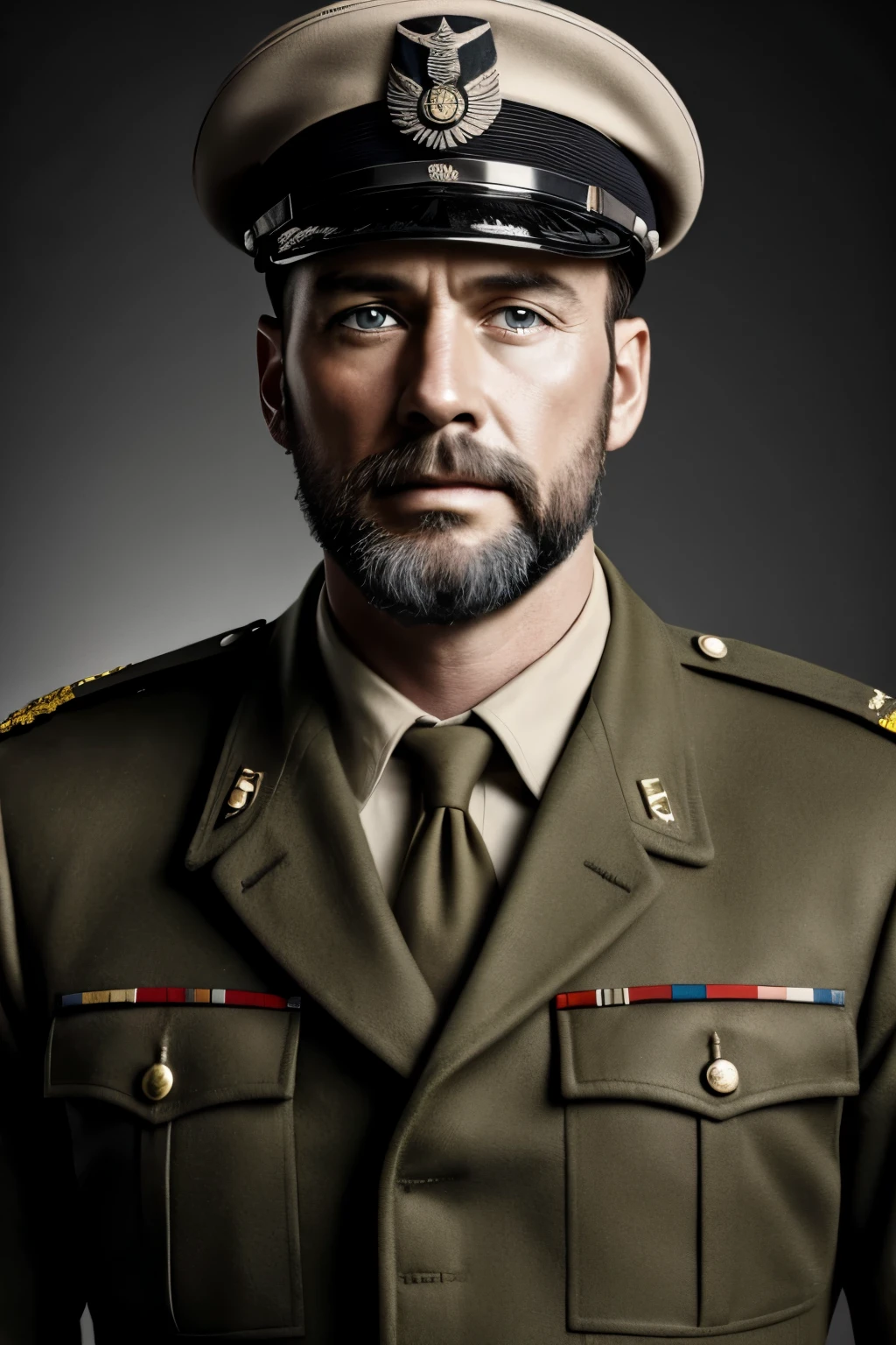ww2, Solo, Germany, Military setting, Khaki uniform, Brass winter cap, Cold blue eyes, Scruffy beard, High cheekbones, Detailed wrinkles around eyes, Pale skin, Brawny arms, Muscles visible, Realistic, In front of a refurbished Tiger I tank, Salute position, Dramatic lighting, Gritty texture, Grunge filter, Created with Adobe Photoshop, Grayscale, High contrast, Sharp focus, 4k resolution, Historical reenactment, Authentic detail.