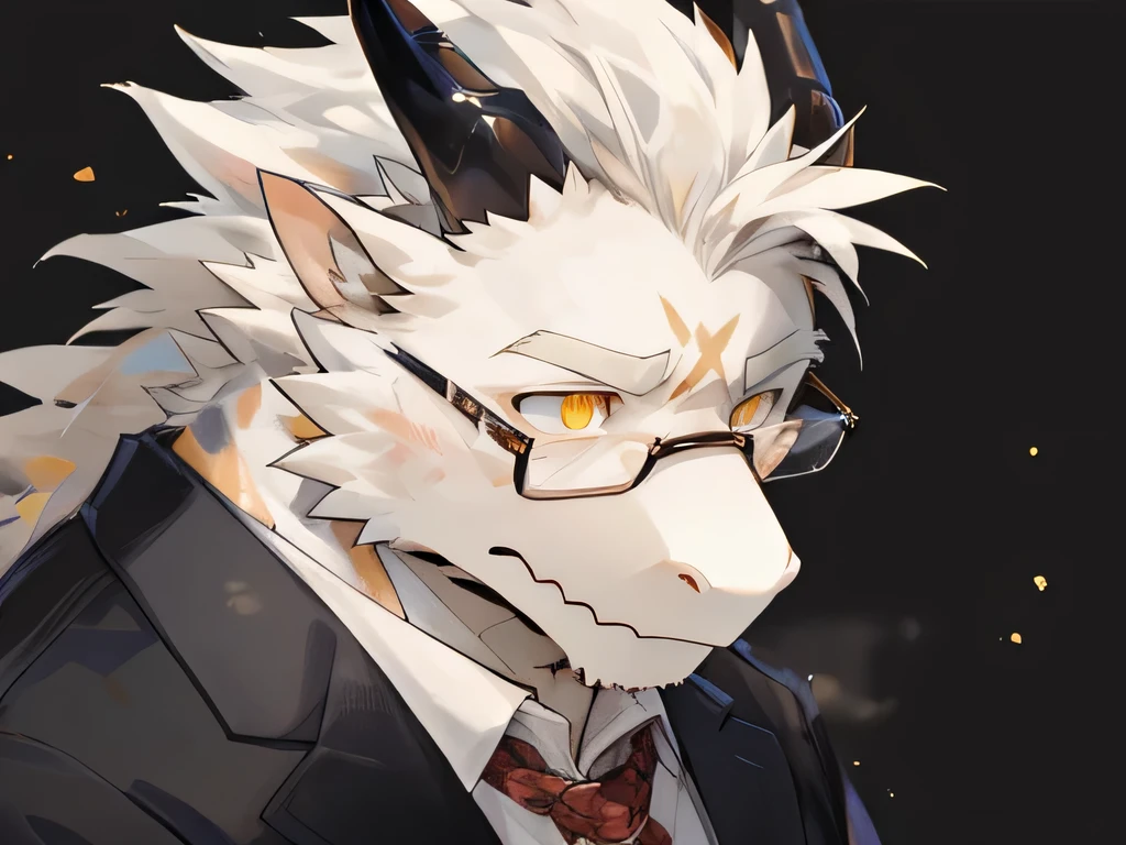 masterpiece,high quality,perfect anatomy,furry,anthro dragon,white scales,black corners,male, niji5,yellow pupils,bright eyes,exhausted,wear glasses,detailed face,by kiyosan,close up face