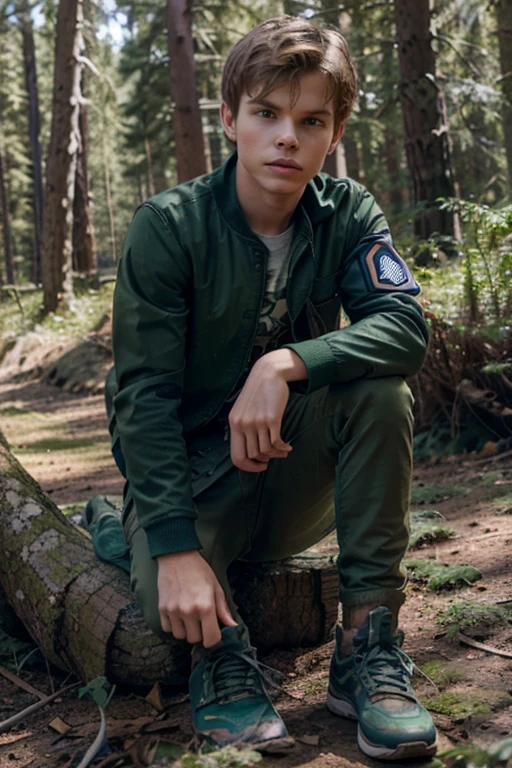 Robbie Kay, Peter Pan, Teen Wolf, 13 years old, short and messy light brown blonde hair, blue eyes, open military green jacket, green t-shirt with military print, brown jeans, brown tennis shoes, fox pendant, white wolf print. forest background fox aura around black color