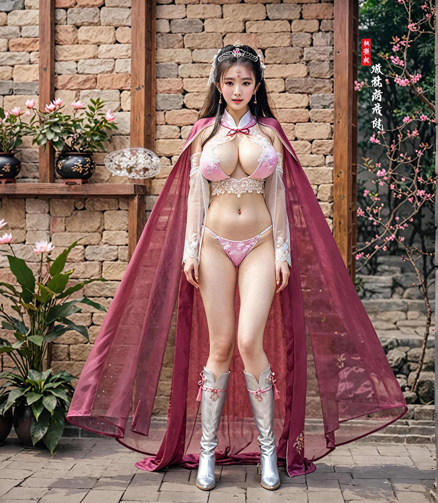 Chinese Hanfu princess，Platinum lace underwear is almost transparent，see-through clothing，Transparent underwear，almost naked, Huge breasts，Long-legged girl, Wear metallic white boots, Pink white long cloak