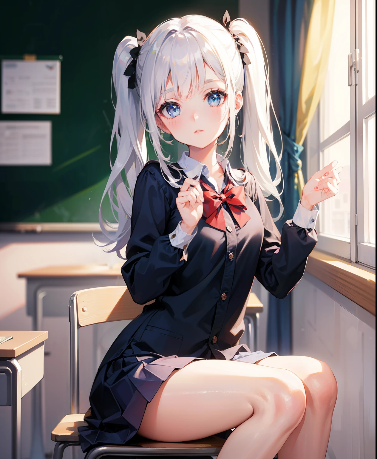 one girl, Arrange pose,Top quality work, twin tails hair, Show Legs,(long white hair),(blue eyes), Rose cheeks, Pretty Face, A perfectly proportioned face, school classroom, round small breasts, Attractive, Look at the camera, cute pose