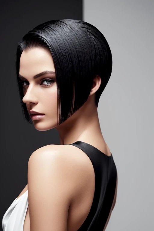 Gorgeous european woman with very short straight hair, short hair, wet hair, hair slicked back, combed straight back, slick hair, black gradient hair, wearing a white dress, solid dark black background