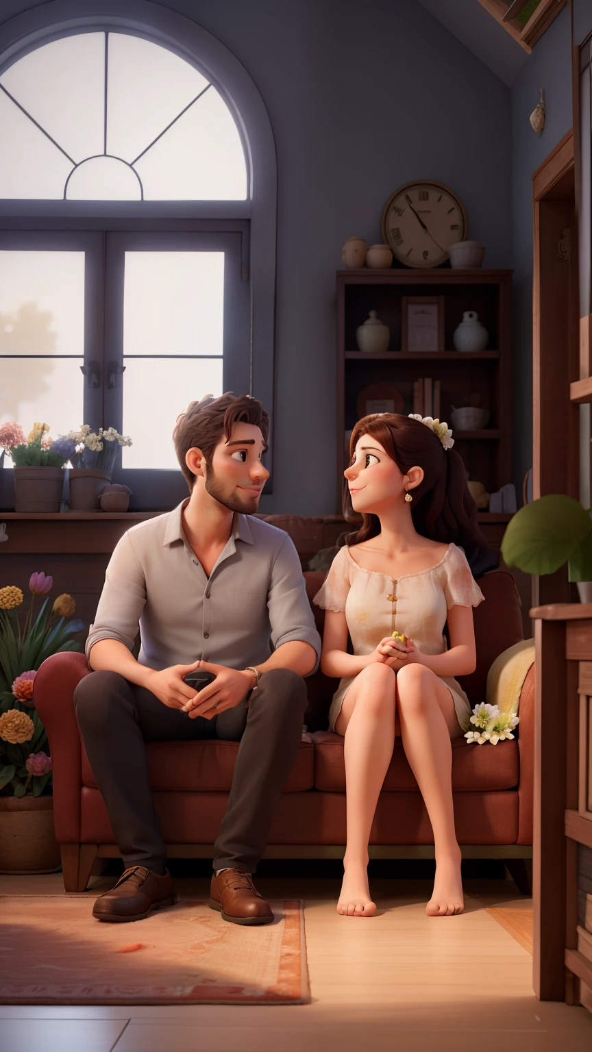 (a husban and wife watching tv on a house full of flowers, natural light coming from the window