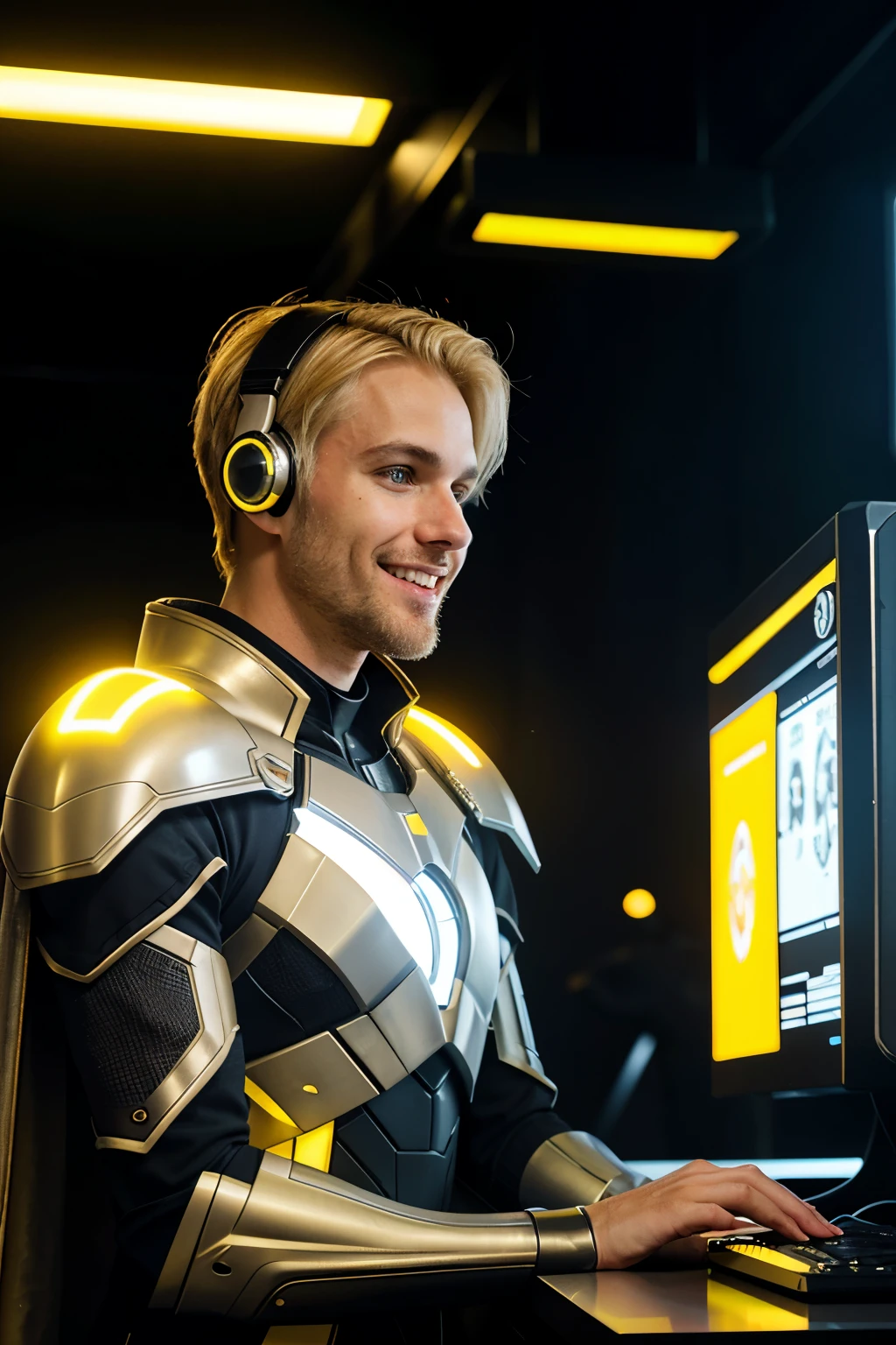 A blond adult man with a short beard wearing gray futuristic superhero armor with yellow LEDs and a yellow cape in a futuristic environment talking to someone on a futuristic computer; he is smiling and looking at the computer screen; o ambiente ao seu redor parece pouco iluminado