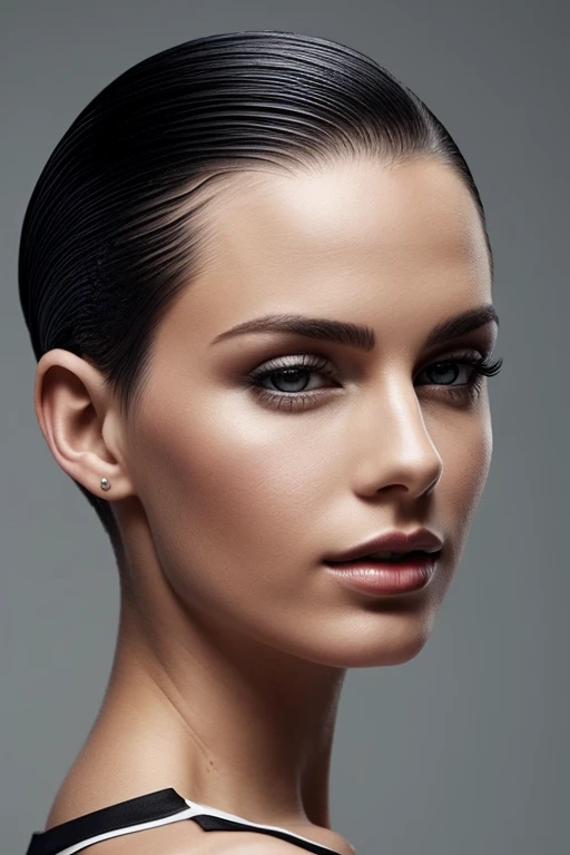Gorgeous european woman with very short straight hair, short hair, wet hair, hair slicked back, combed straight back, slick hair, black hair, wearing a white dress, solid dark black background