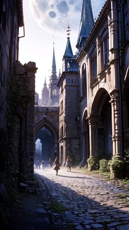 Ruins of a medieval castle, Moonlit night, young witches gather for the Sabbath Czech Republic,