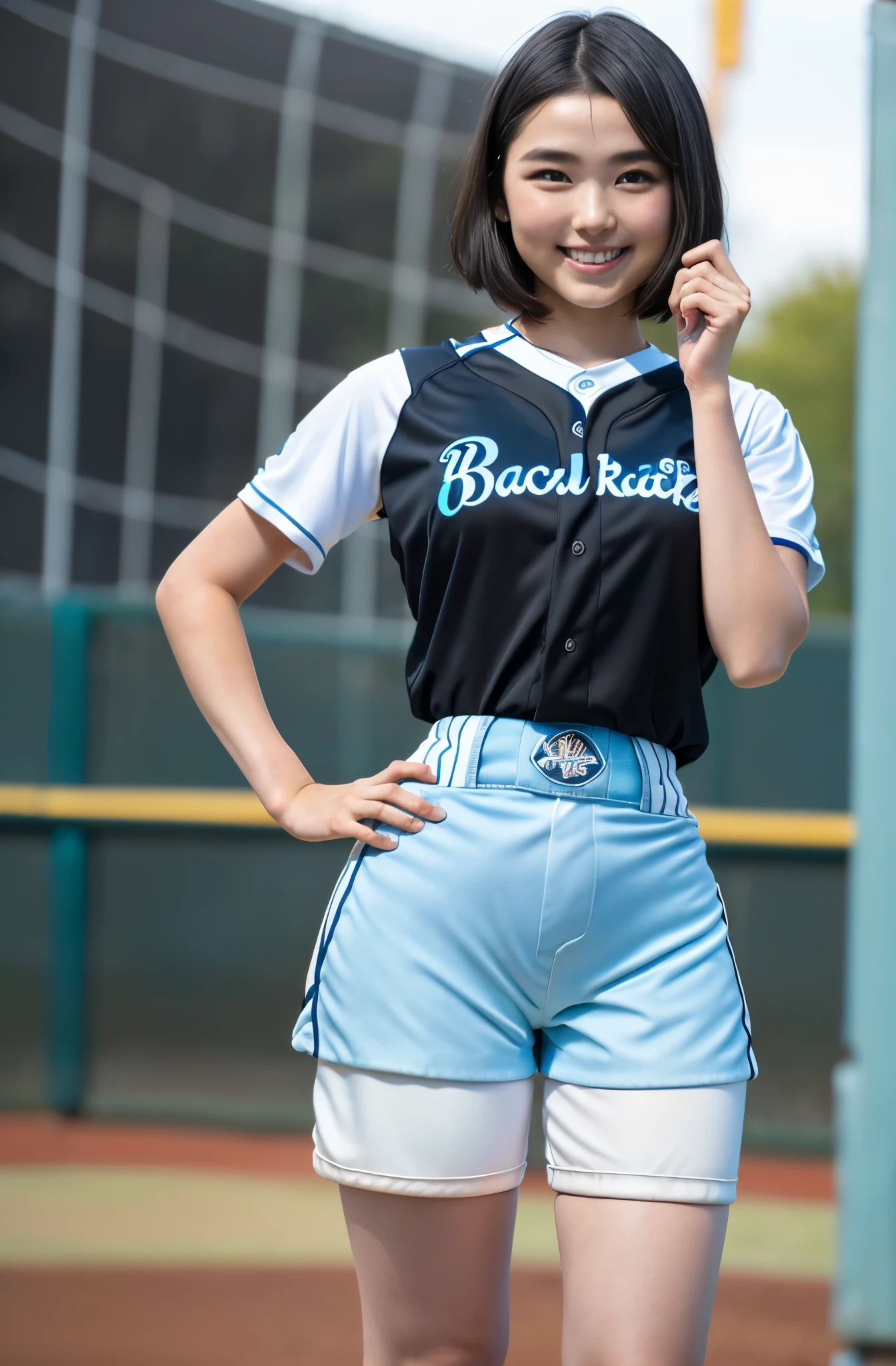 (8k、Raw photography、highest quality、masterpiece:1.2),(Black-haired、Very short hair:1.8),(ponytail:1.3)、View your viewers,Viewed from the front,White skin,(high school girl、Light blue baseball uniforms:1.7)、(Tight waist:1.6)、(Clothes that accentuate the shape of the breasts:1.0)、(Big Breasts :1.3)、Slim figure、Ultra-high resolution,beautiful,beautiful fece,(one person、No background:1.9),whole bodyボディー,Japanese women,(reality的:1.37)、Photon Mapping,reality、(Baby-faced and cute: 1.4)、(Cute Smile: 1.8)、(Round face: 1.8)、Radio City、Physically Based Rendering、Depth of field rally background、photograph, (I can see your knees、Very short white shorts、Thigh close-up:1.8),(:1.4),whole body、Great quality