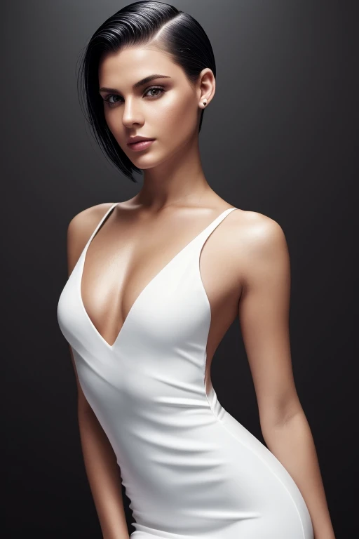 Gorgeous european woman with very short straight hair, short hair, wet hair, hair slicked back, combed straight back, slick hair, black gradient hair, wearing a white dress, solid dark grey background