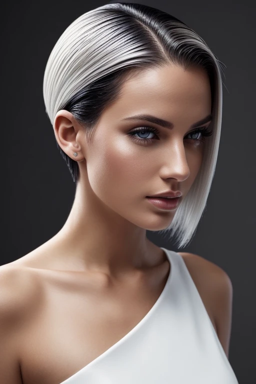 Gorgeous european woman with very short straight hair, short hair, wet hair, hair slicked back, combed straight back, slick hair, black gradient hair, wearing a white dress, solid dark grey background