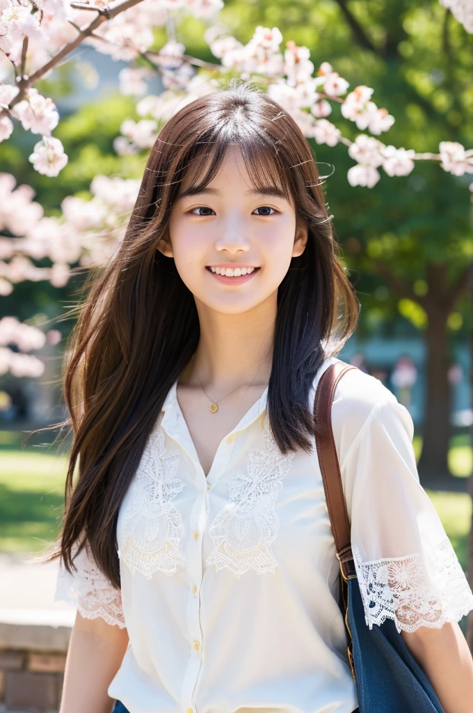 masutepiece, Best Quality, Illustration, Ultra-detailed, finely detail, hight resolution, 8K Wallpaper, Perfect dynamic composition, Beautiful detailed eyes, Natural Lip,a beauty girl、In the bright and refreshing spring sunshine、Imagine a female college student walking around campus.。.。.。She、She is wearing jeans and a white lace blouse.。the hair flutters with the wind、People around you smile々He is depicted having a conversation with.。The cherry blossoms on campus are in full bloom、Green tree on background々々々There is a bench where students can gather...。She is carrying a colorful backpack.、he has a notebook and a pencil in his hands.。Her figure is、Expressing the image of a typical female college student enjoying learning and free time., Wearing a thin white shirt with short sleeves、one shirt button is missing and there is a mole near chest and I can see it.。
