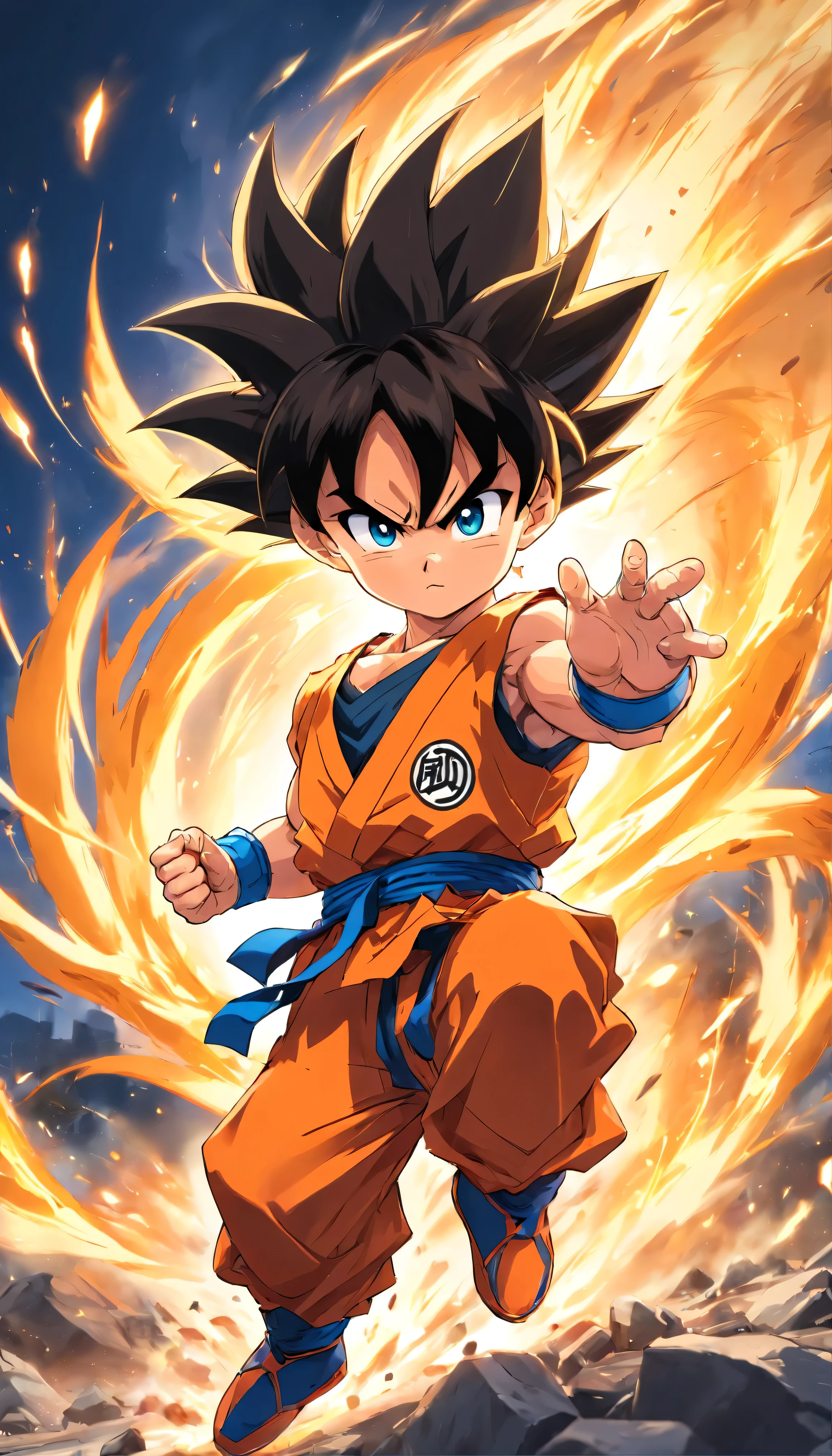 Goku Chibi character in battle pose, on battlefield, Akira Toriyama