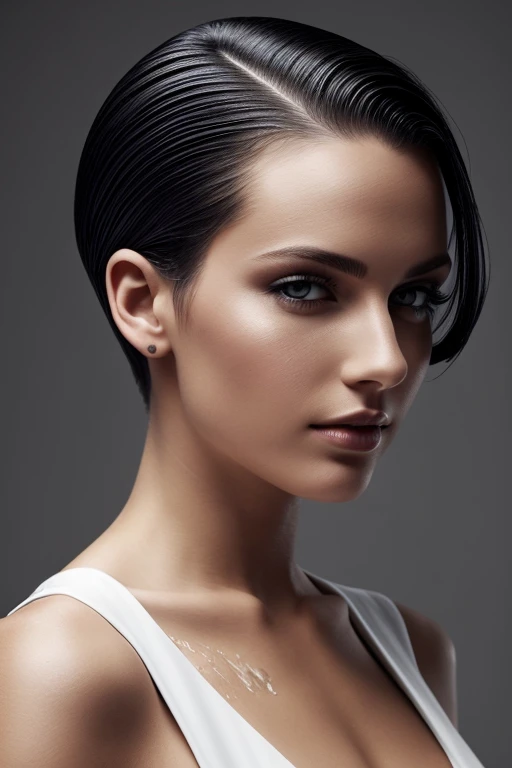 Gorgeous european woman with very short straight hair, short hair, wet hair, hair slicked back, combed straight back, slick hair, black hair, wearing a white dress, solid dark grey background